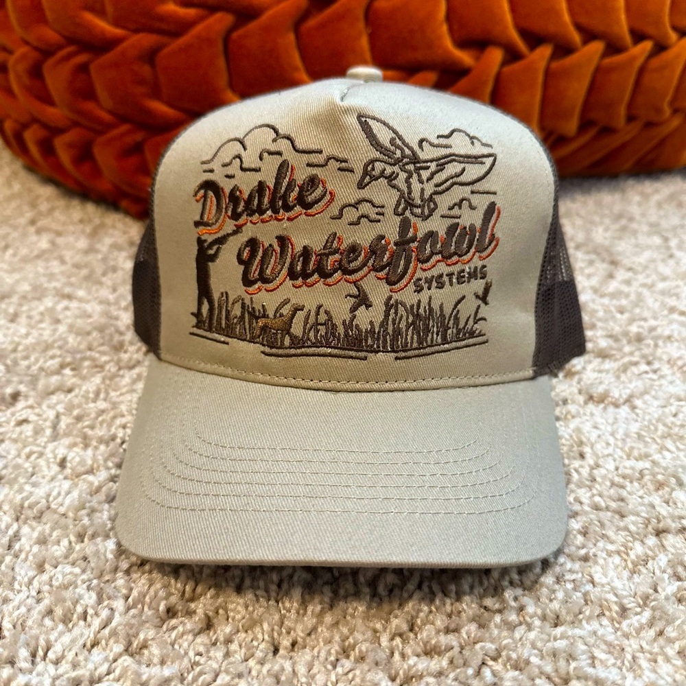 Drake Tan and Brown Trucker Hat with duck hunting on - brand new never worn